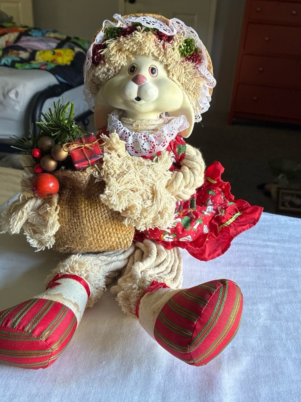 Festive Cream Plush Bunny Doll in Red Holiday Dress